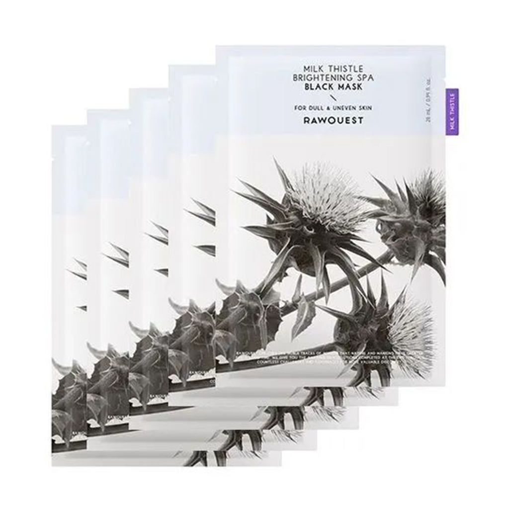 Освітлювальна тканинна маска для обличчя Rawquest Milk Thistle Brightening SPA Black Mask з розторопшею, 5*28 мл